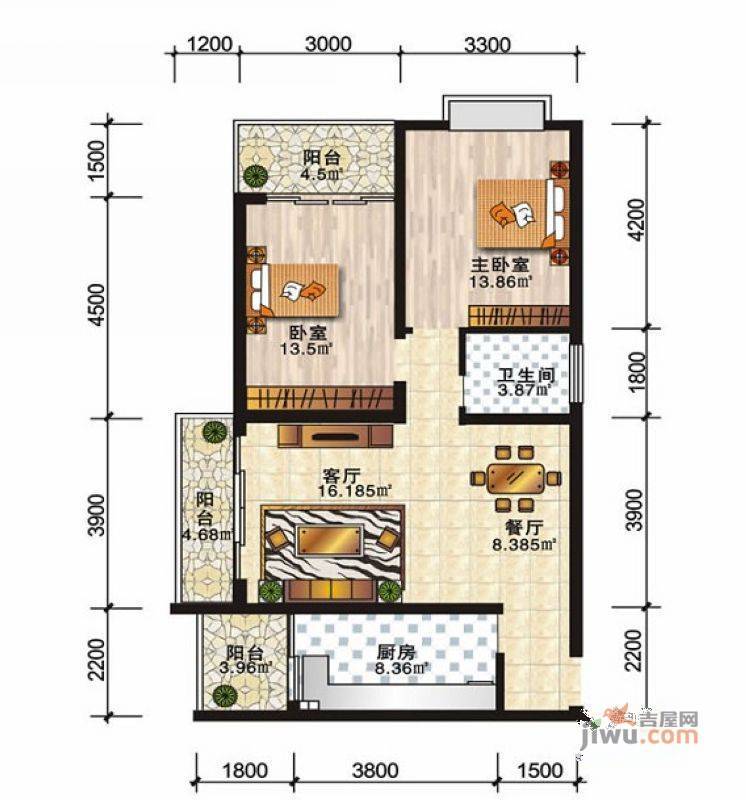 安厦尚城风景2室2厅1卫75.4㎡户型图