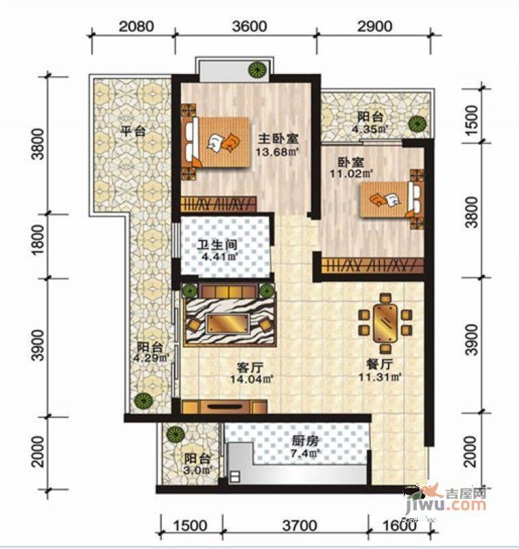 安厦尚城风景2室2厅1卫75.4㎡户型图