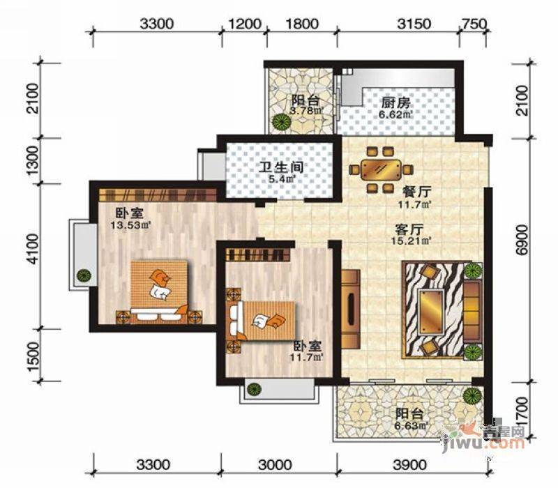 安厦尚城风景2室2厅1卫75.4㎡户型图