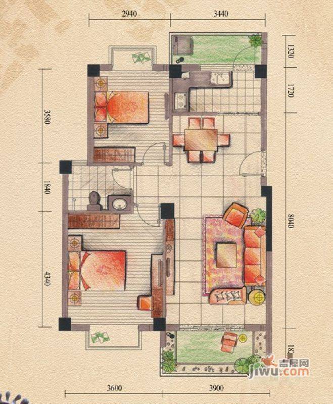 桂林奥林匹克花园2室2厅1卫88㎡户型图