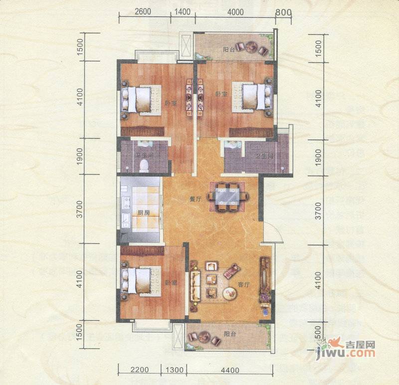 万象城益佳苑3室2厅2卫125.2㎡户型图