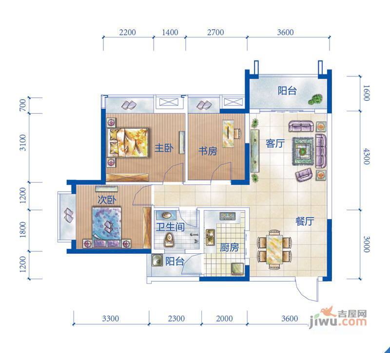 兴盛爱地社区3室2厅1卫90㎡户型图