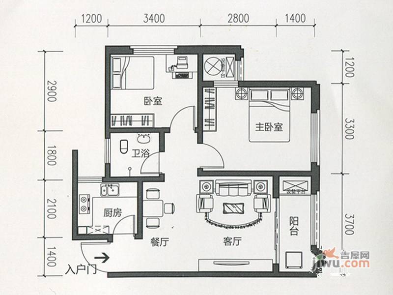 安厦漓江大美2室2厅2卫70㎡户型图