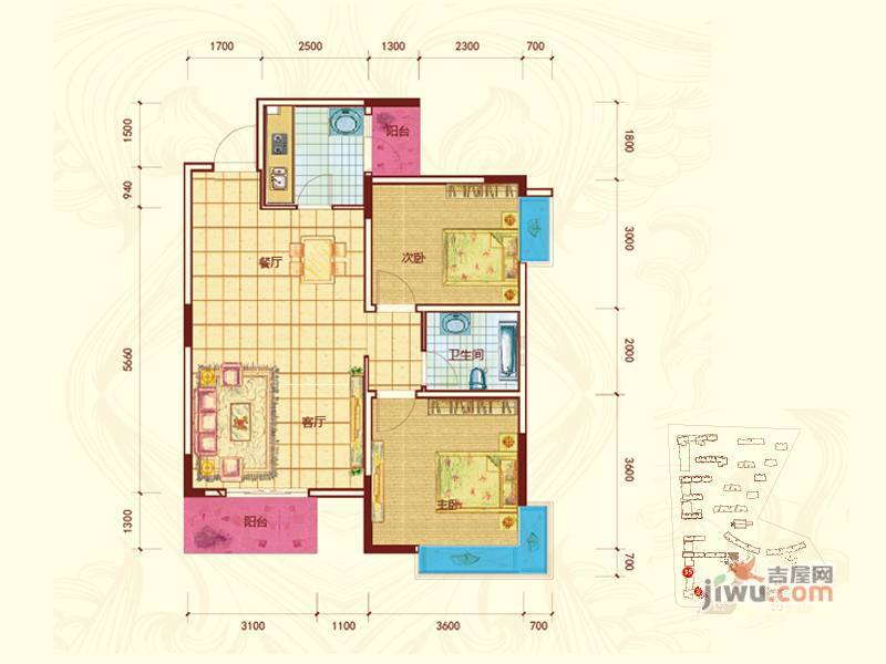 润鸿水尚2室2厅1卫84.8㎡户型图