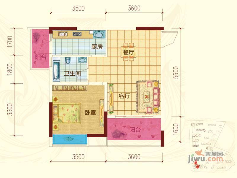 润鸿水尚1室2厅1卫59㎡户型图