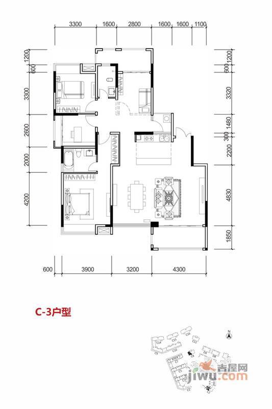 桂林国奥城别墅3室2厅2卫126㎡户型图