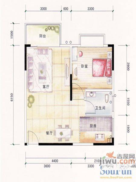 四季花城1室1厅1卫57.9㎡户型图