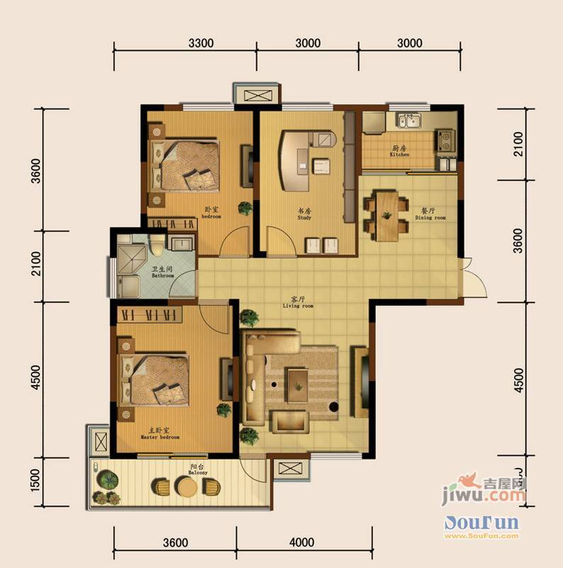 利港尚公馆3室2厅1卫117㎡户型图