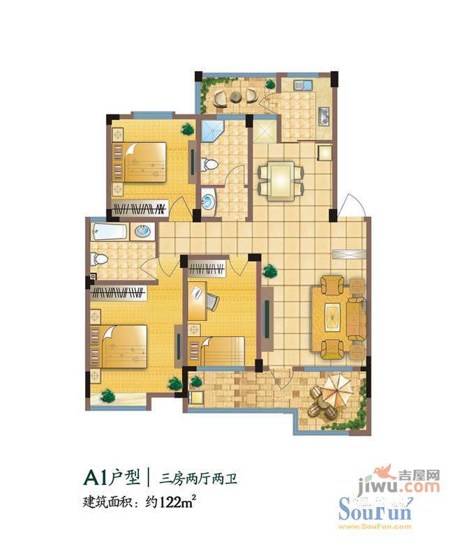 龙源丽景3室2厅2卫121.7㎡户型图