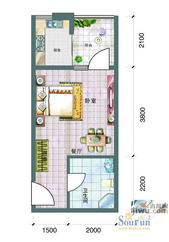 大学城博雅居二期1室0厅1卫30.8㎡户型图