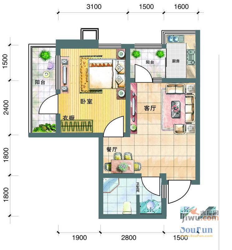 大学城博雅居二期1室2厅1卫49.8㎡户型图