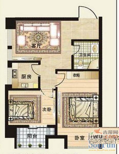 安然辰龙公寓2室1厅1卫62.5㎡户型图