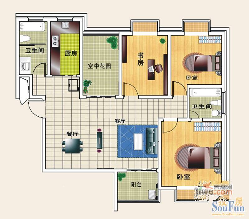 实嘉原创生活3室2厅2卫114㎡户型图