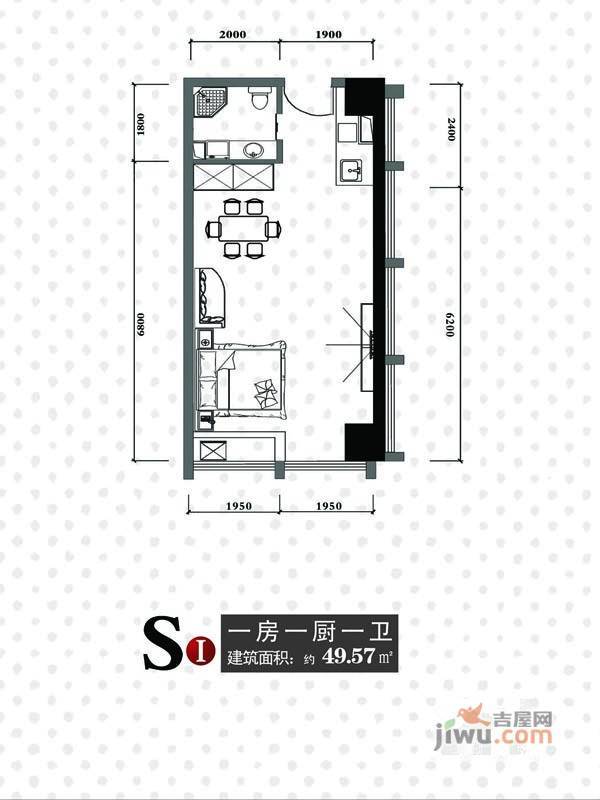 天一大厦天天公寓1室1厅1卫49.6㎡户型图