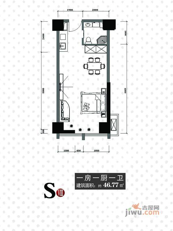 天一大厦天天公寓1室1厅1卫46.8㎡户型图