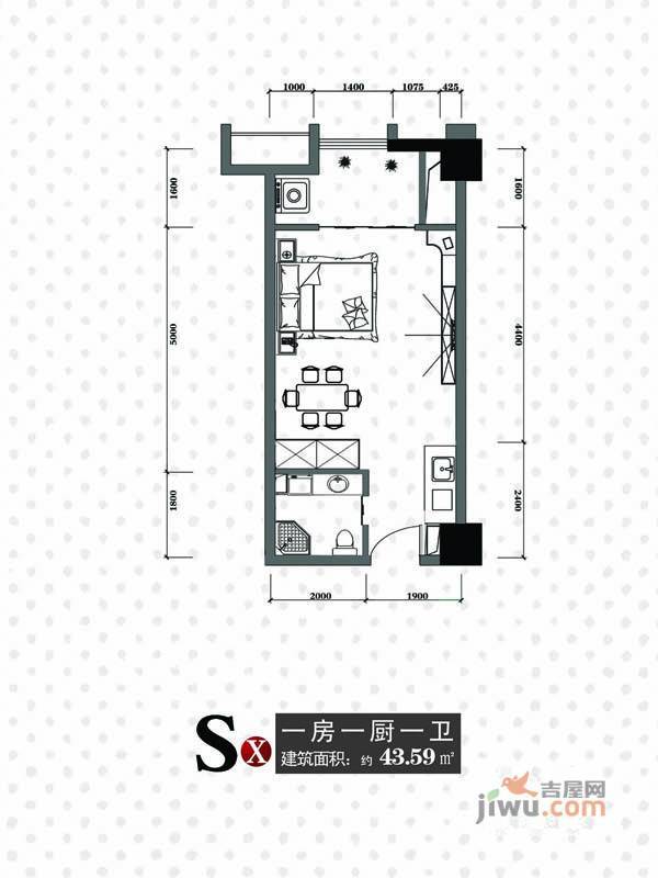 天一大厦天天公寓1室1厅1卫43.6㎡户型图