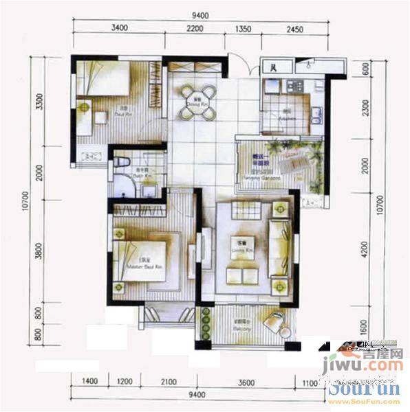 蓝鼎滨湖假日清华园3室1厅1卫户型图