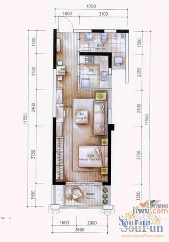 蓝鼎滨湖假日清华园3室1厅1卫户型图