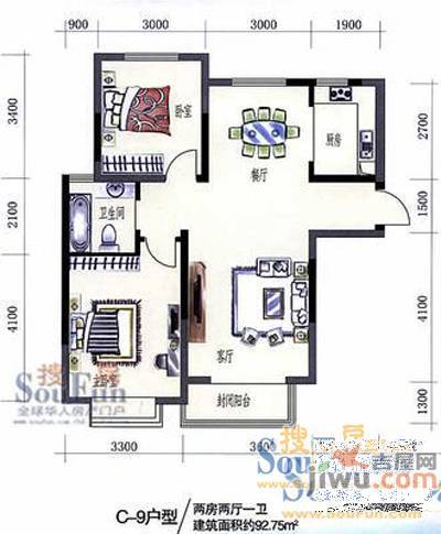 鑫苑望江花园2室2厅2卫77.5㎡户型图