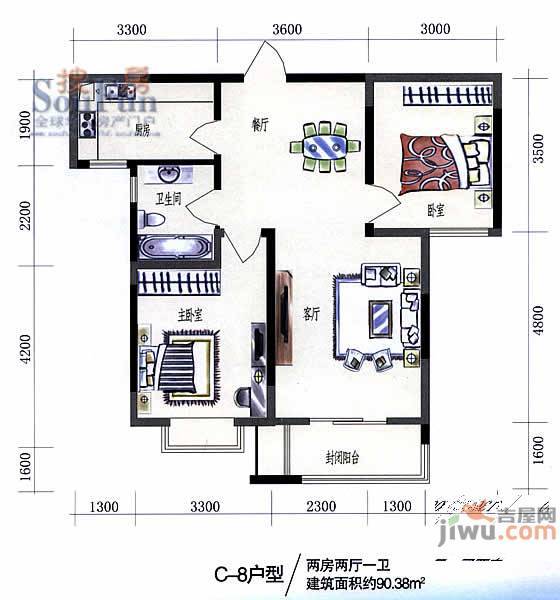 鑫苑望江花园2室2厅1卫90.4㎡户型图