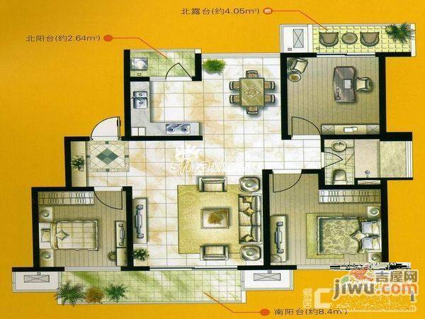 海棠花园3室2厅1卫116㎡户型图