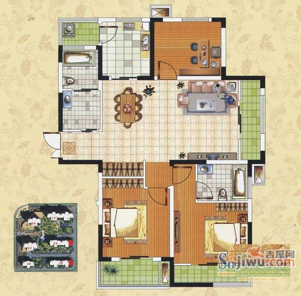 颐园世家3室2厅2卫135.4㎡户型图