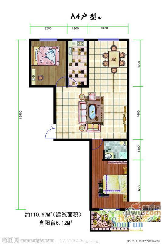 五里墩电信村3室2厅1卫110㎡户型图