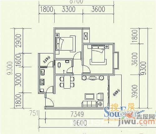 恒福花园3室1厅1卫100㎡户型图