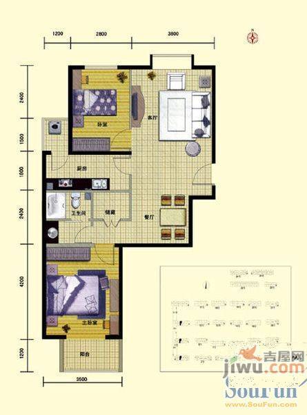 裕兴苑2室1厅1卫77㎡户型图