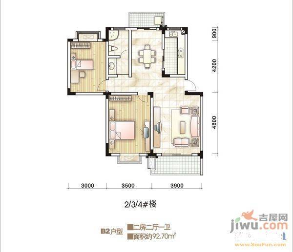 蓬莱花园3室2厅1卫105㎡户型图