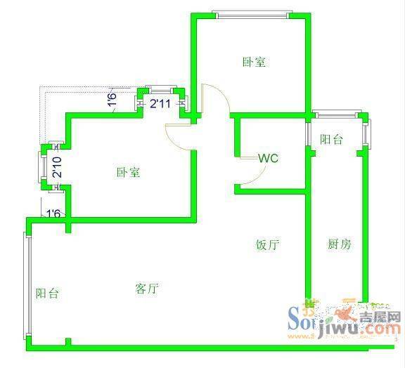 嘉山路跃进村2室1厅1卫52㎡户型图