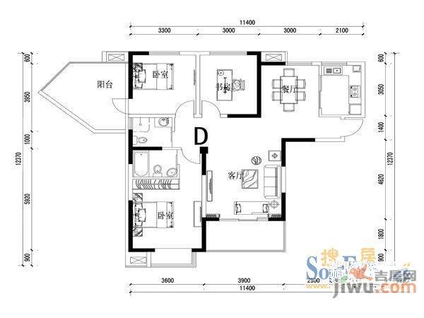 建苑雅居3室2厅2卫户型图