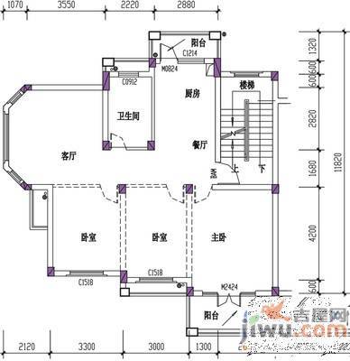 绿波廊3室2厅1卫90㎡户型图