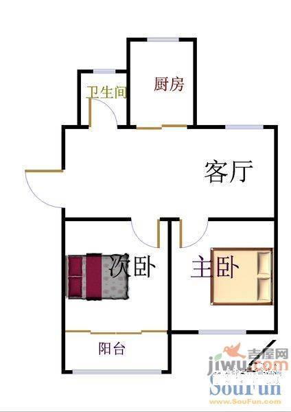 琥珀山庄2室1厅1卫57㎡户型图