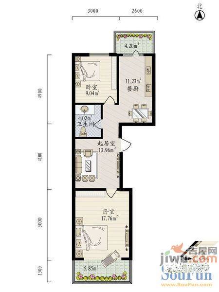 青阳西村1室1厅1卫60㎡户型图