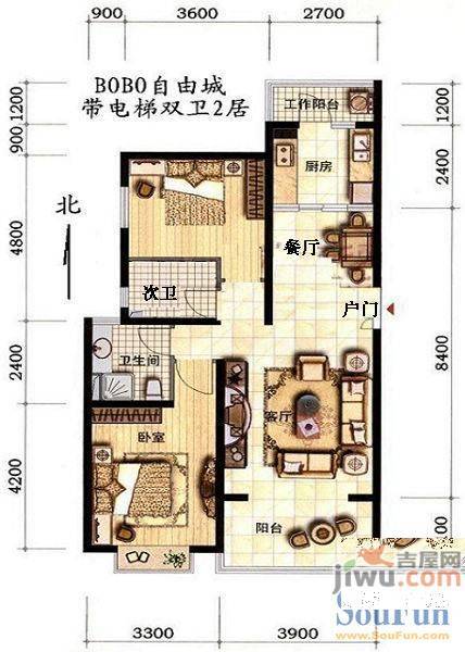 汪塘东村2室1厅1卫58㎡户型图