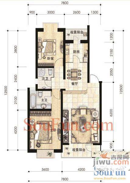 天瑶花园2室2厅1卫87㎡户型图