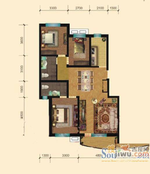 东湖山庄清水苑3室2厅1卫户型图