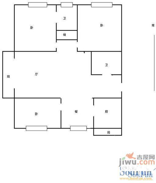 福海新居3室1厅1卫97㎡户型图