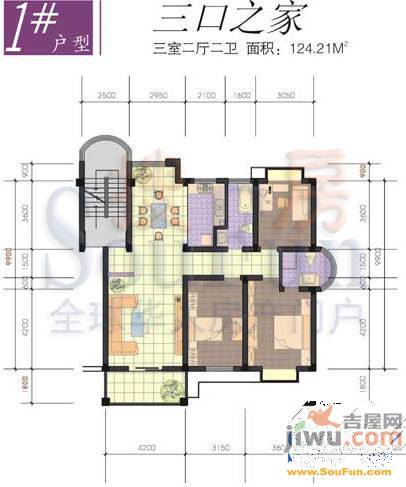 怡景苑3室2厅2卫124.2㎡户型图