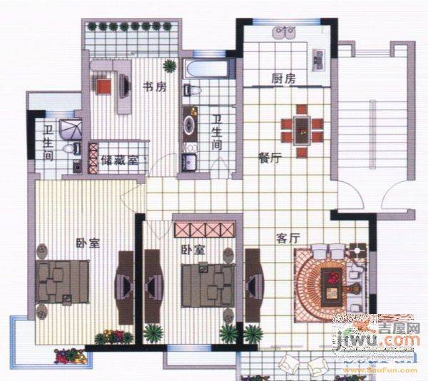 绿波廊3室2厅1卫90㎡户型图