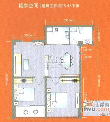 金色领地1室2厅1卫96.4㎡户型图