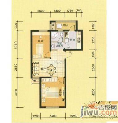 建设小区2室1厅1卫58㎡户型图