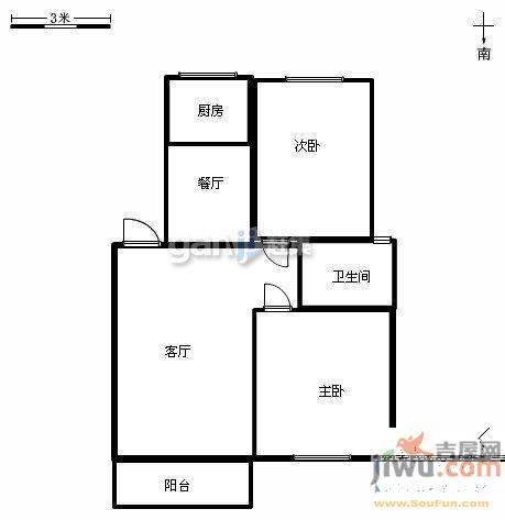 矿机小区3室1厅1卫75㎡户型图