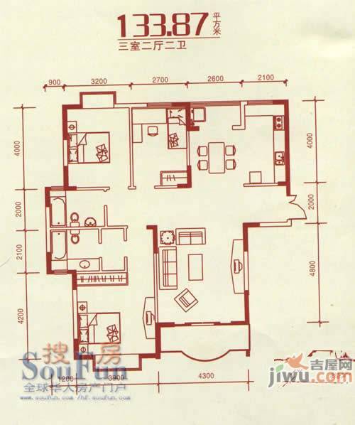 恒润花园3室2厅2卫126.4㎡户型图