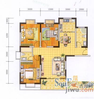 龙居山庄翔龙居3室2厅2卫户型图