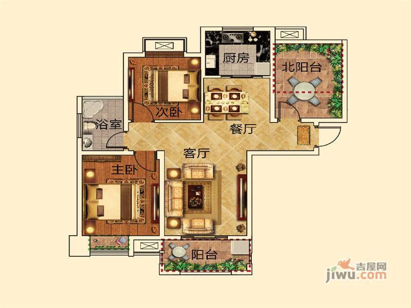 京冠紫玉华府3室2厅1卫95㎡户型图