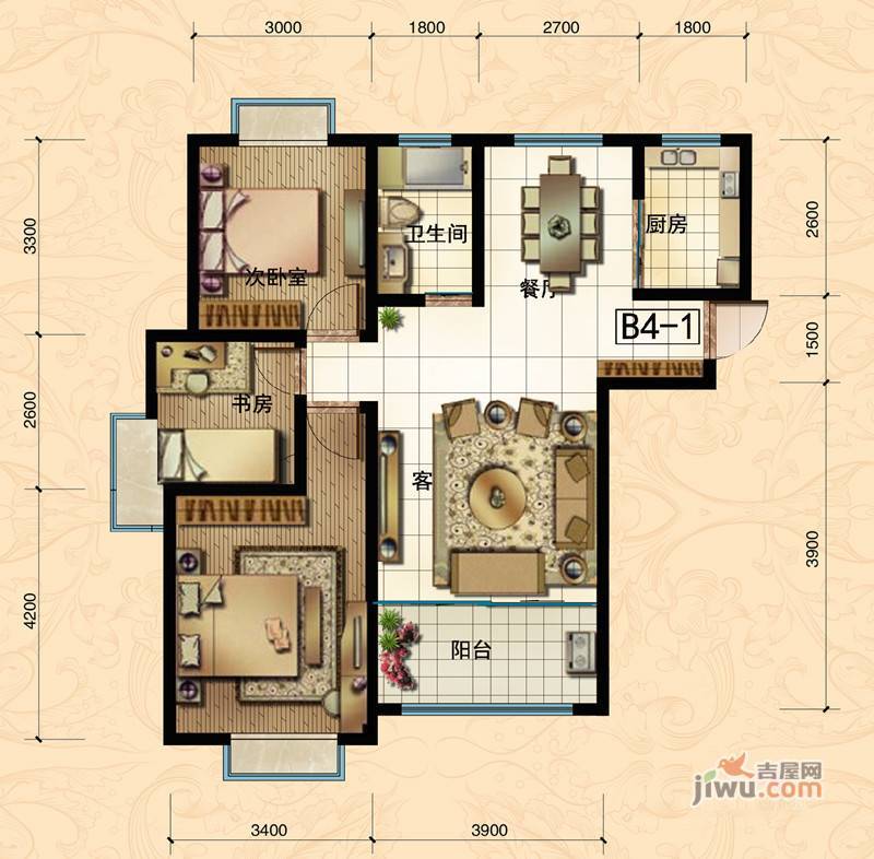 华冶翡翠湾3室2厅1卫98.3㎡户型图