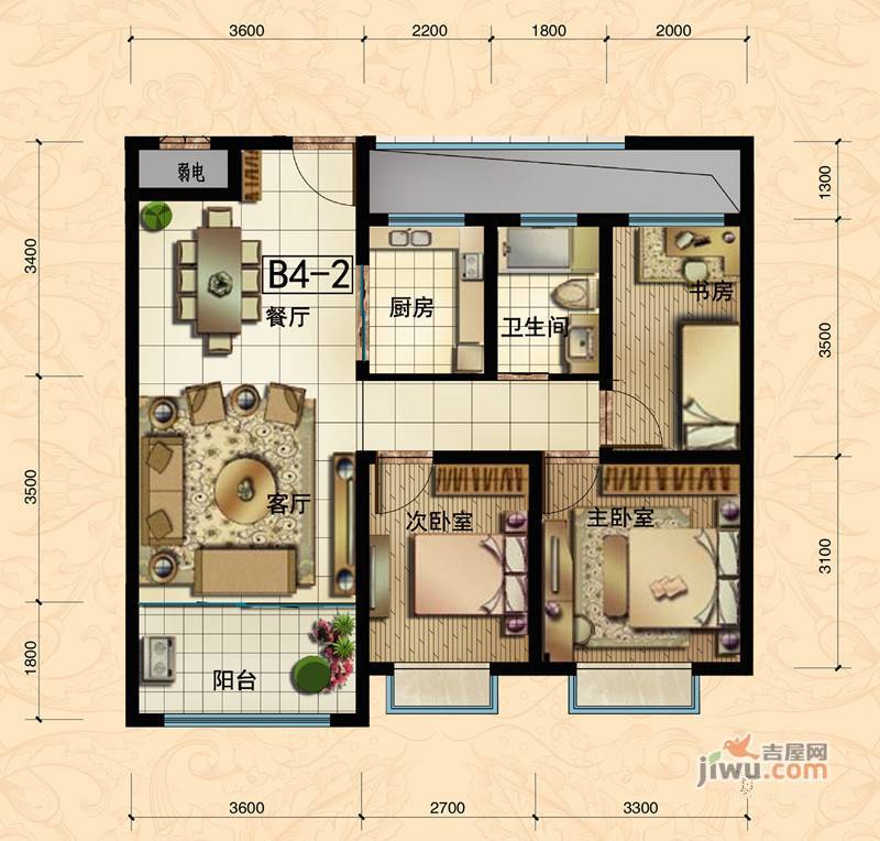 华冶翡翠湾3室2厅1卫87.8㎡户型图