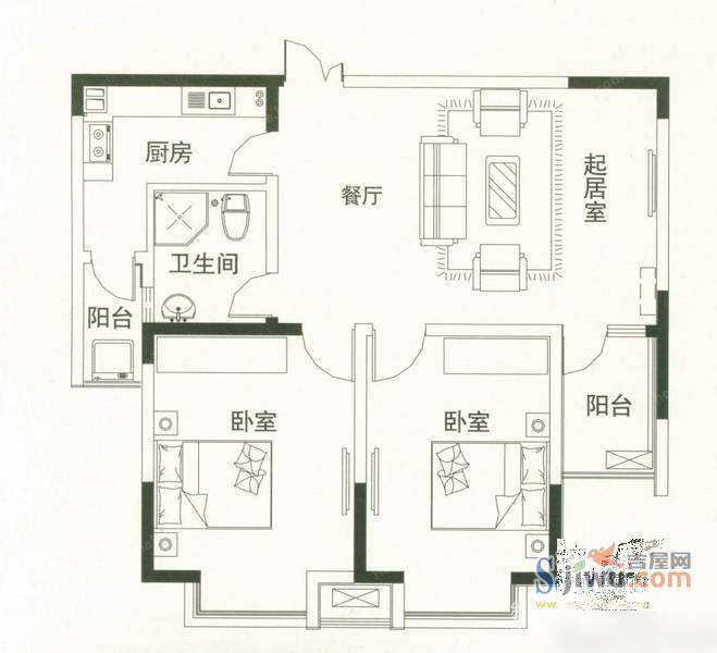 上海城市2室2厅1卫103㎡户型图